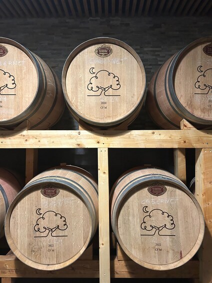 Wooden wine barrels with embossed logos and the year 2022. 5