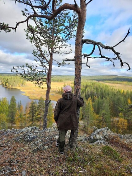 A person standing between two trees overlooking a lake and forest. 1