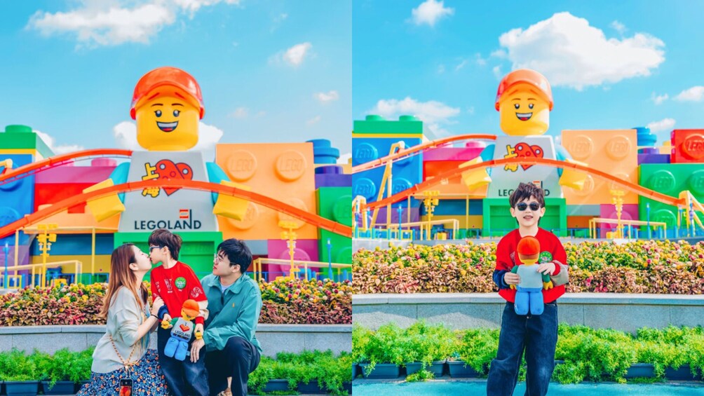 A LEGO-themed amusement park with colorful buildings and a roller coaster. 2