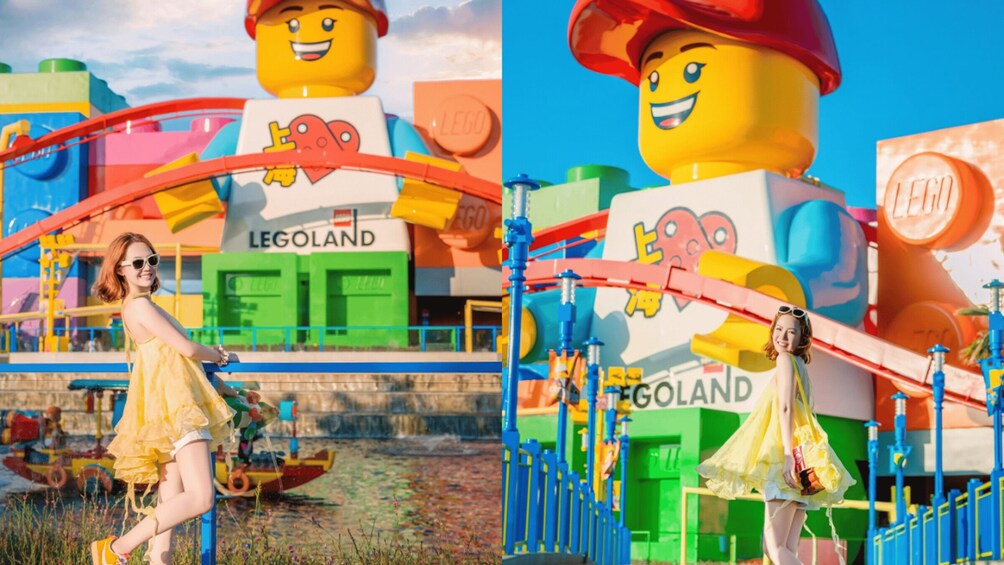 A LEGO-themed amusement park with a large LEGO figure, a roller coaster, and a water ride. 5