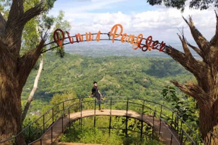 A person standing on a bridge with a scenic view of a forested landscape. 4