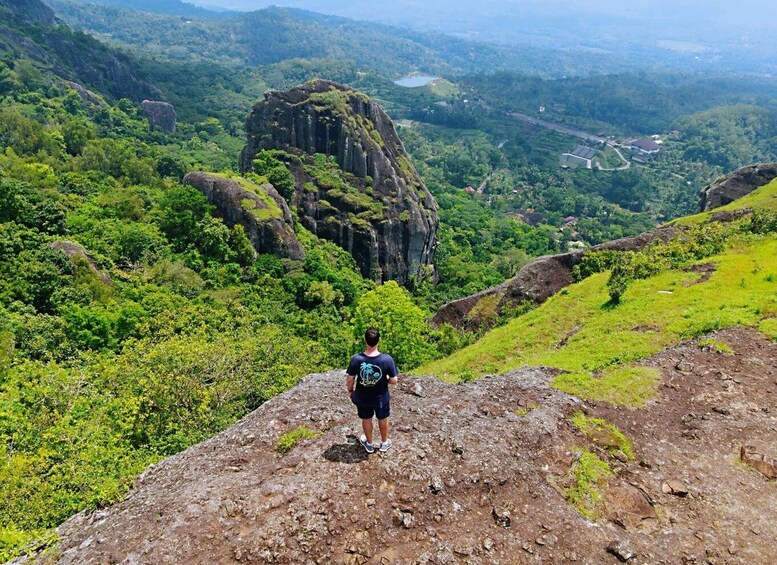 A person standing on a rocky outcrop overlooking a lush valley with a prominent rock formation. 5