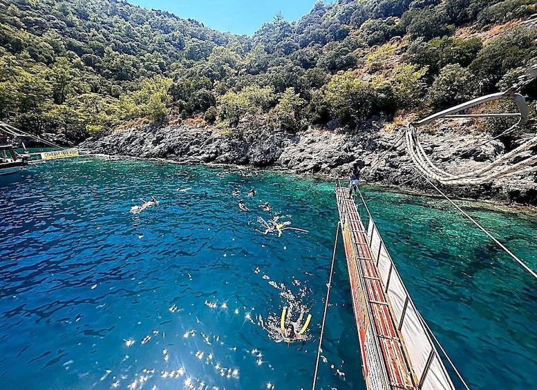A clear blue sea with a rope bridge, rocky cliffs, and dense greenery. 3