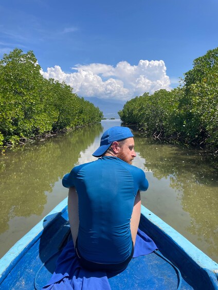A person in a blue boat navigating through a mangrove-lined waterway. 2