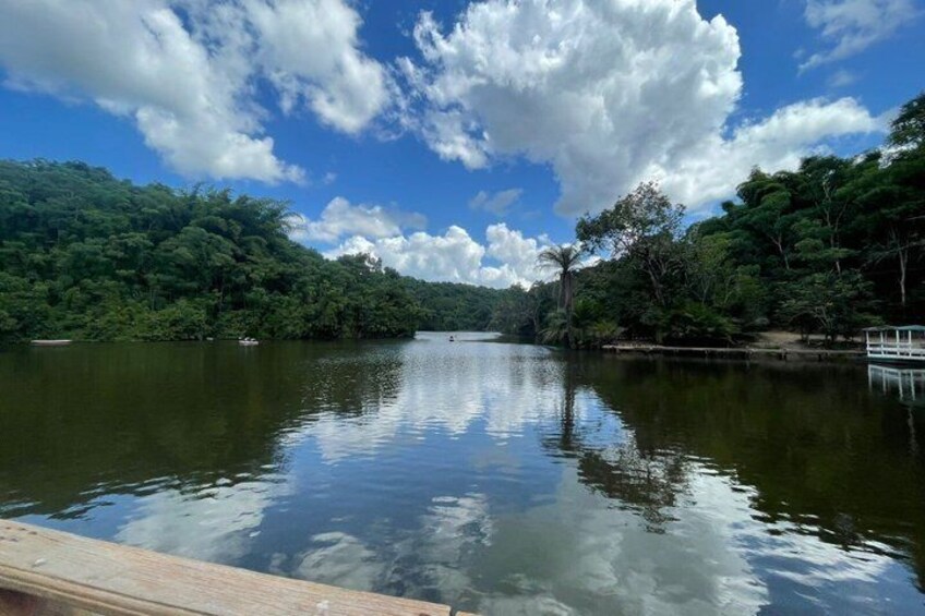 A calm lake surrounded by dense forest, a wooden dock, and a clear blue sky with clouds. 4