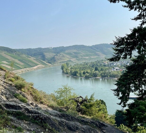 A river with a small island, hills, and a town in the background. 5