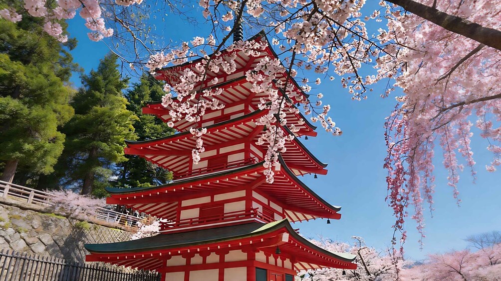 A traditional Japanese pagoda with cherry blossoms. 3