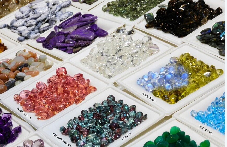 Various colored glass beads in trays. 3