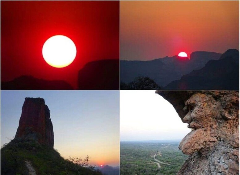A large rock formation with a sunset in the background. 2