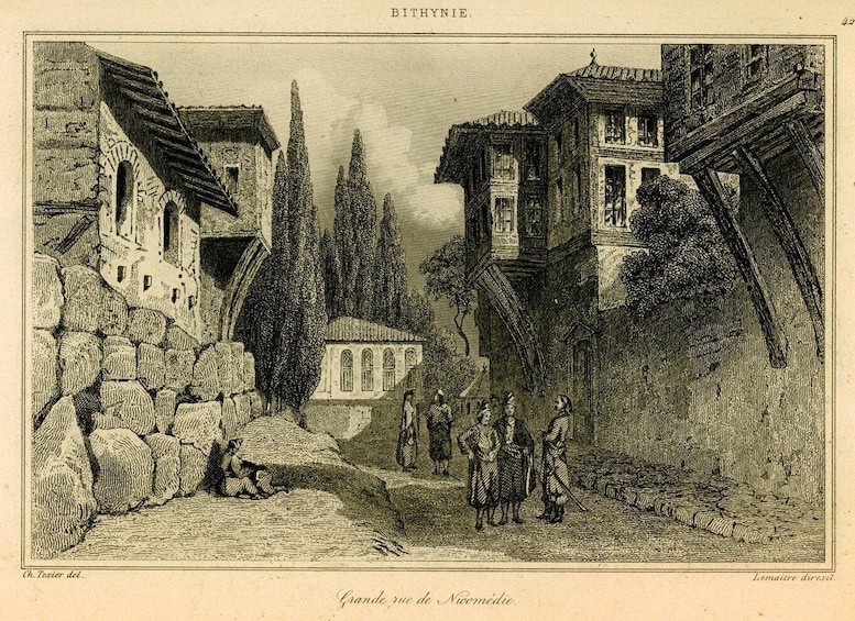 A historical street scene with stone buildings, a church, and people in period clothing. 2