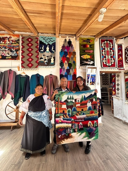 A traditional weaving workshop with colorful textiles and a spinning wheel. 4