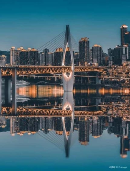 A modern bridge with a unique arch design, reflecting in the water below. 5