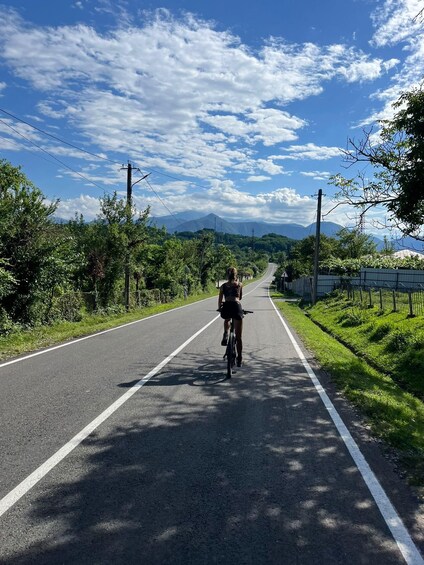 A cyclist on a paved road with a clear sky and distant mountains. 5