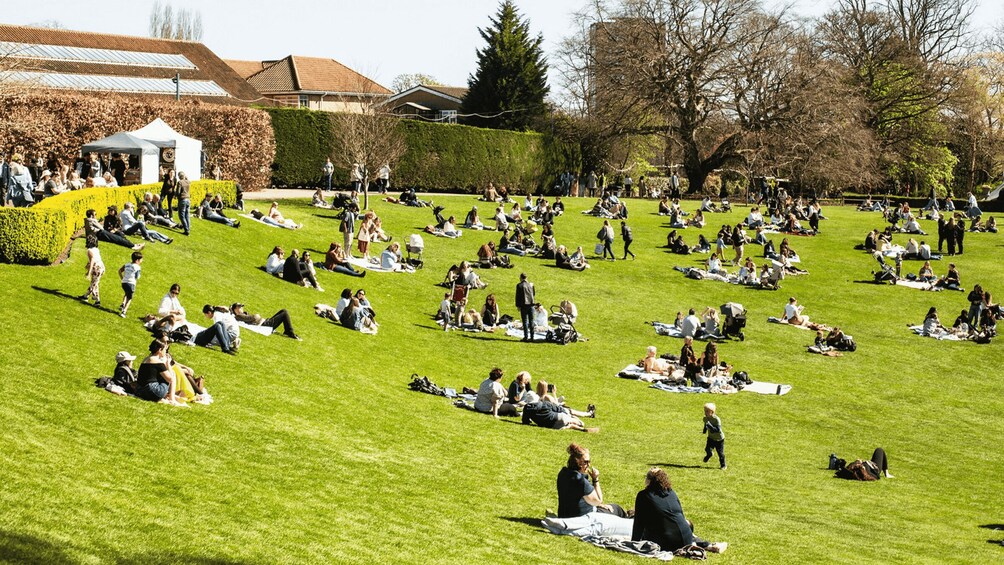 A park with people sitting on blankets and grass. 2