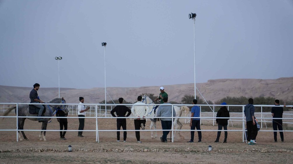 A horse riding event with participants and horses in a fenced area. 3