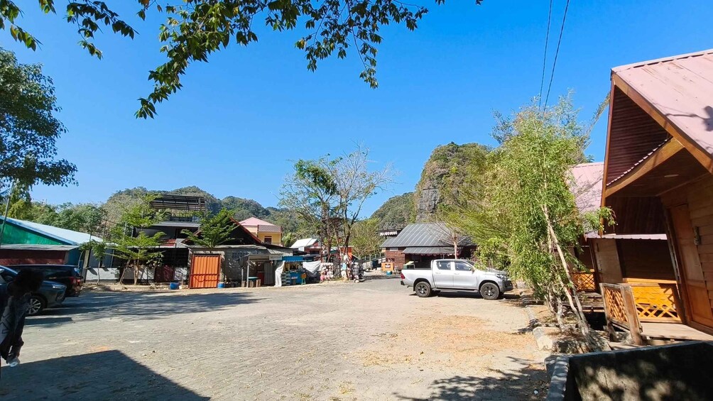 A rural street with buildings, a parked car, and trees. 3