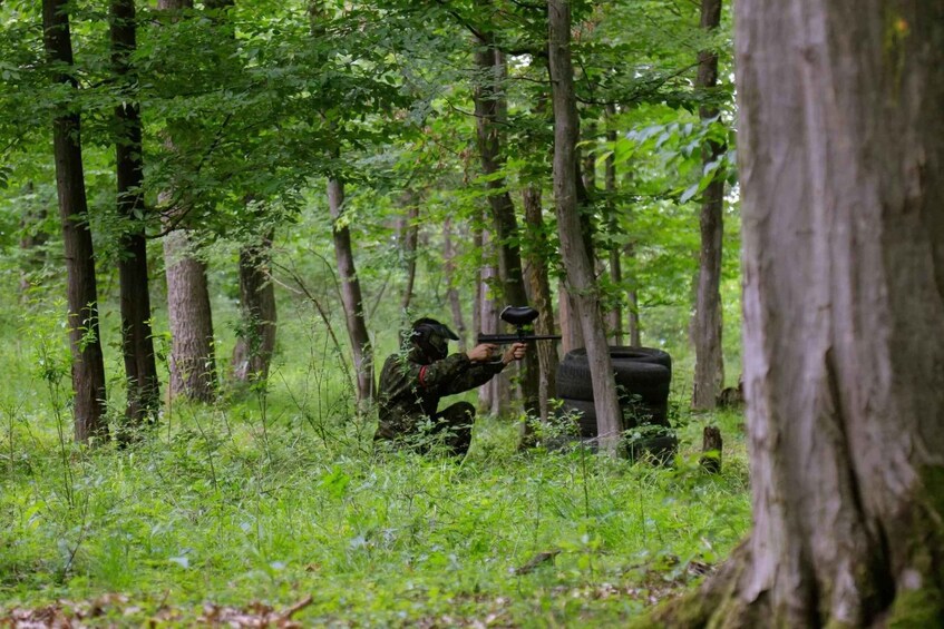 A person in camouflage attire aiming a paintball gun in a forested area with dense green foliage and trees. 1