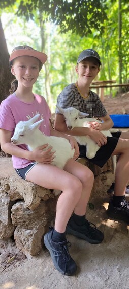 Two children sitting on a rock with a goat between them. 5
