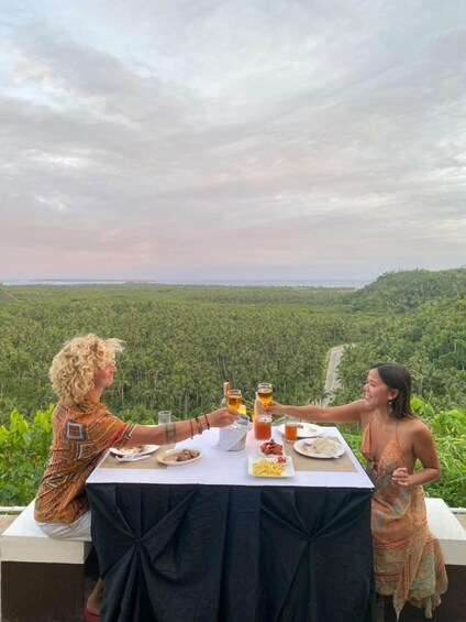 Two people toasting at a table with a view of a lush landscape. 2