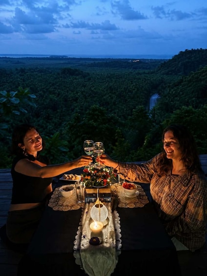 Two people toasting with wine glasses at a table set outdoors with a candle, surrounded by lush greenery and a view of a waterfall. 2