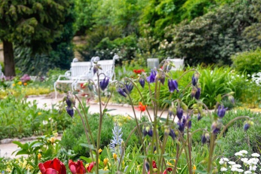A garden with various flowers, a white bench, and lush greenery. 2
