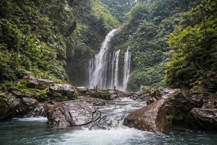 A multi-tiered waterfall surrounded by lush greenery. 3