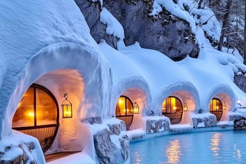 A series of igloo-like structures with warm lights, a pool, and snow-covered surroundings. 2