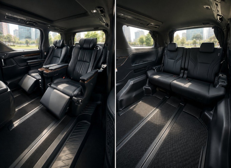 The interior of a luxury car with black leather seats, a center console, and a panoramic sunroof. 3