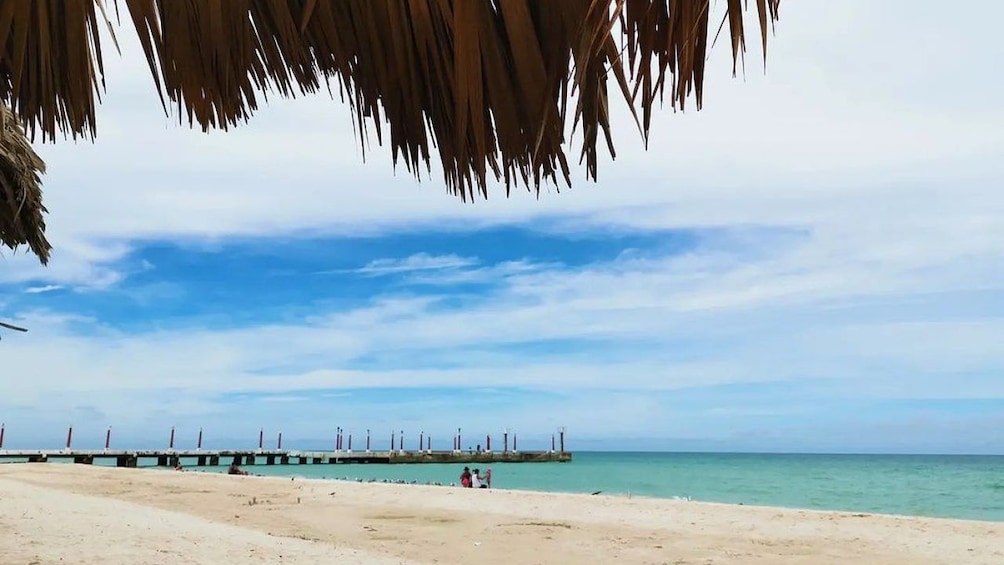 A beach with a wooden pier extending into the sea, a clear sky, and a few people in the distance. 2