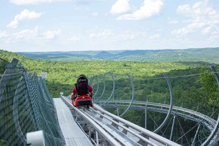 A person on a zip line over a forested landscape. 4
