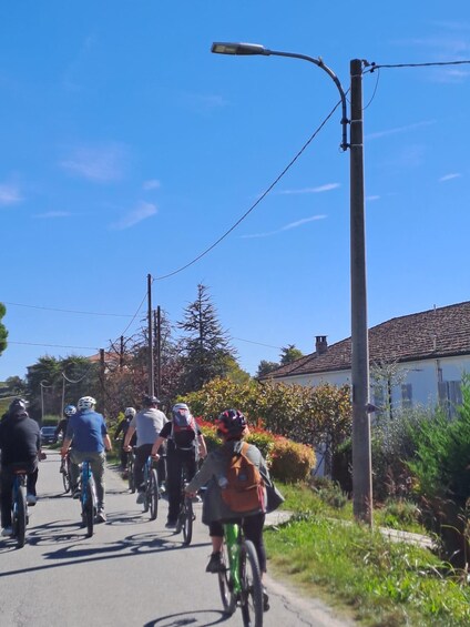 A group of cyclists on a road with houses and trees in the background. 5