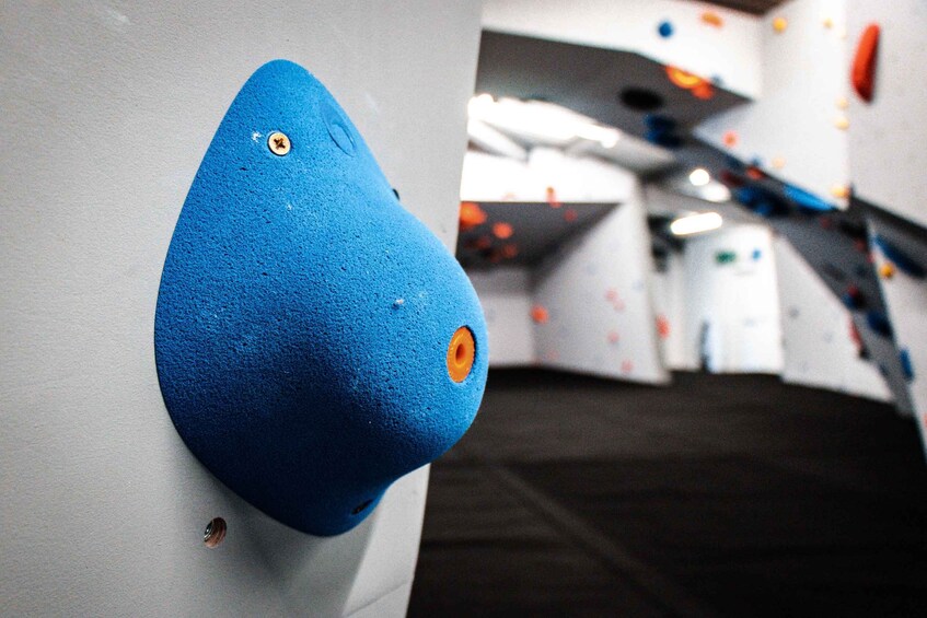 A blue climbing hold attached to a wall with a metal screw. 5