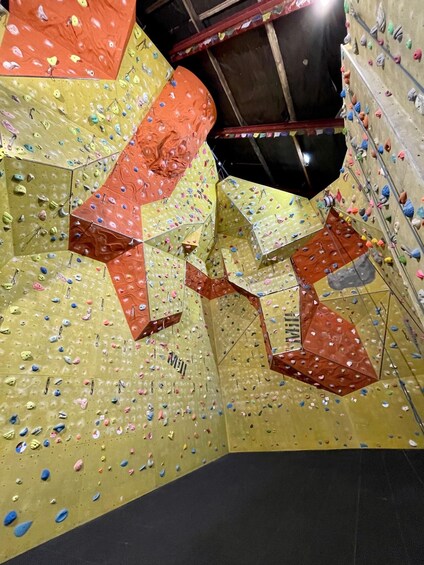 An indoor climbing wall with various routes and holds. 3