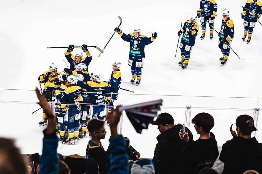 A hockey team celebrating on the ice with fans holding up flags. 4