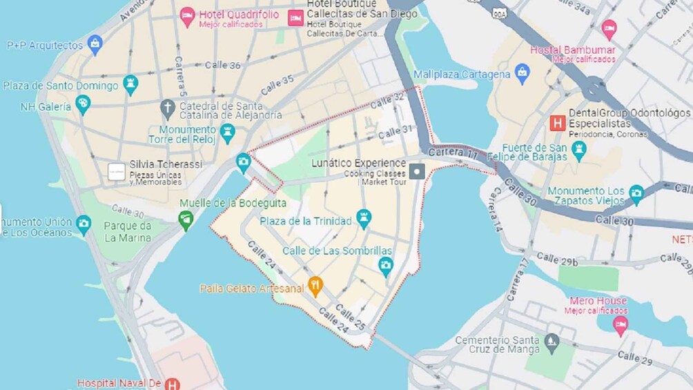A map with various landmarks and streets in a coastal city. 2