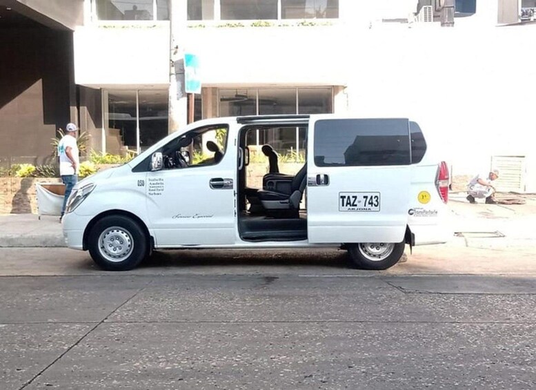 A white van with the license plate TAZ-743 parked on a street. 4