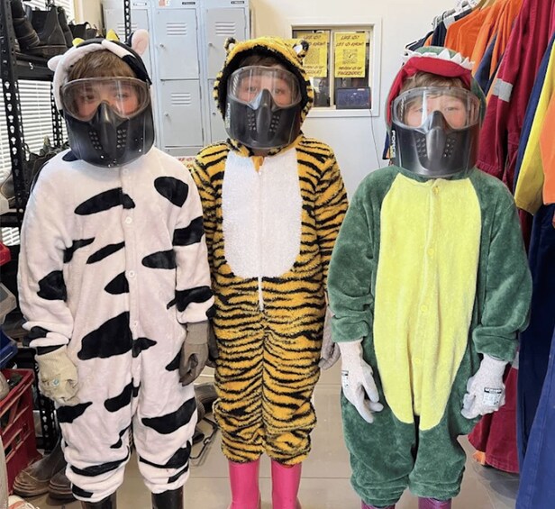 Three individuals in animal costumes with protective face masks. 1