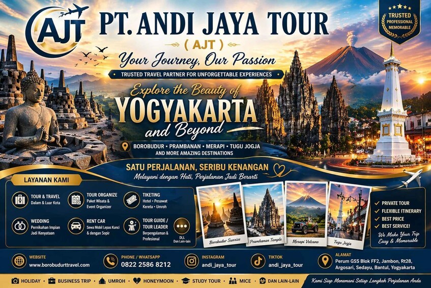A travel advertisement for PT. Andi Jaya Tour, highlighting Yogyakarta and Borobudur. 3