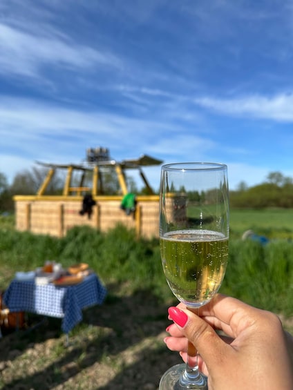 A clear glass of white wine held by a hand with pink nail polish, with a picnic setup and a wooden structure in the background. 5
