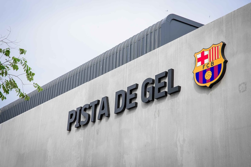 A sign with 'PISTA DE GEL' and a logo with a red cross and a yellow and blue design. 2