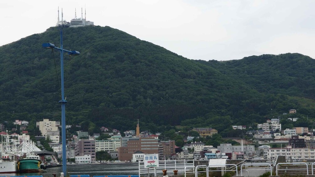A coastal cityscape with a prominent hill, a lighthouse, and a ship docked at the harbor. 3
