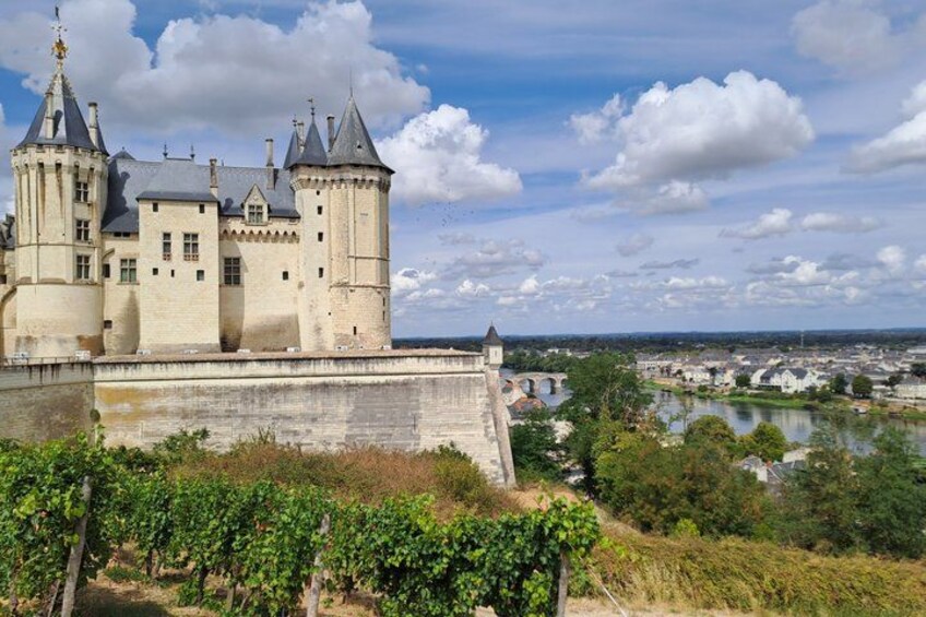 A castle with multiple towers, a river, and a bridge in the background. 2