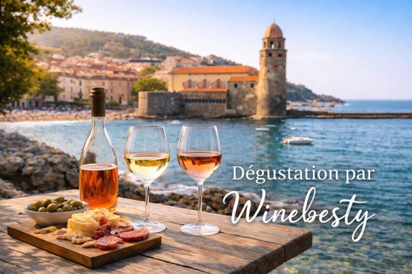 A scenic coastal view with a bottle of wine, glasses, and a wooden board with cheese and olives. 1