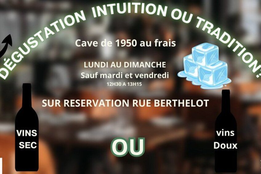 A wine tasting event advertisement with a cave of 1950s theme, available on reservation at Rue Berthelot, featuring Vins Sec and Vins Doux. 2