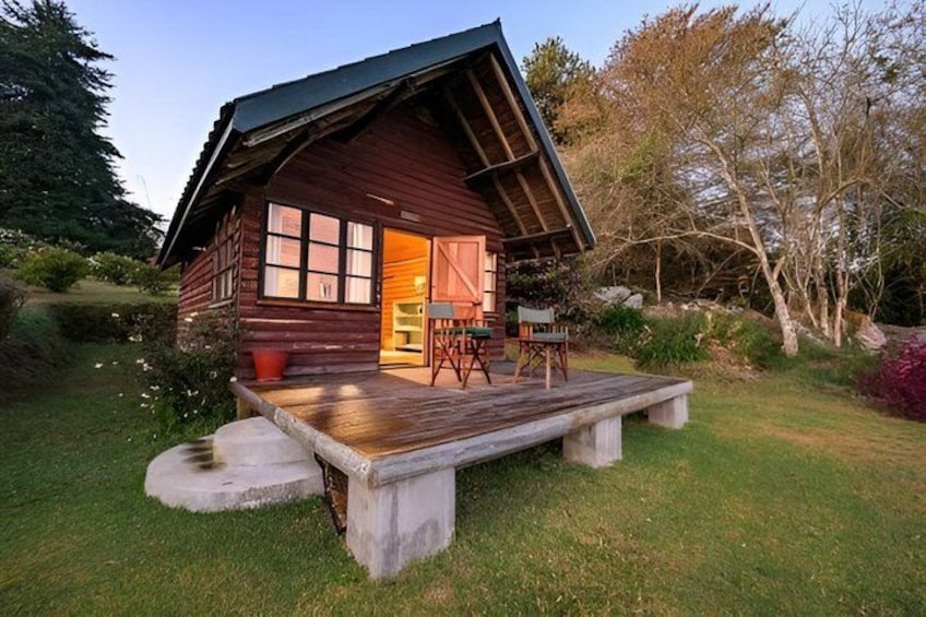 A wooden cabin with a deck, surrounded by a garden and trees. 3