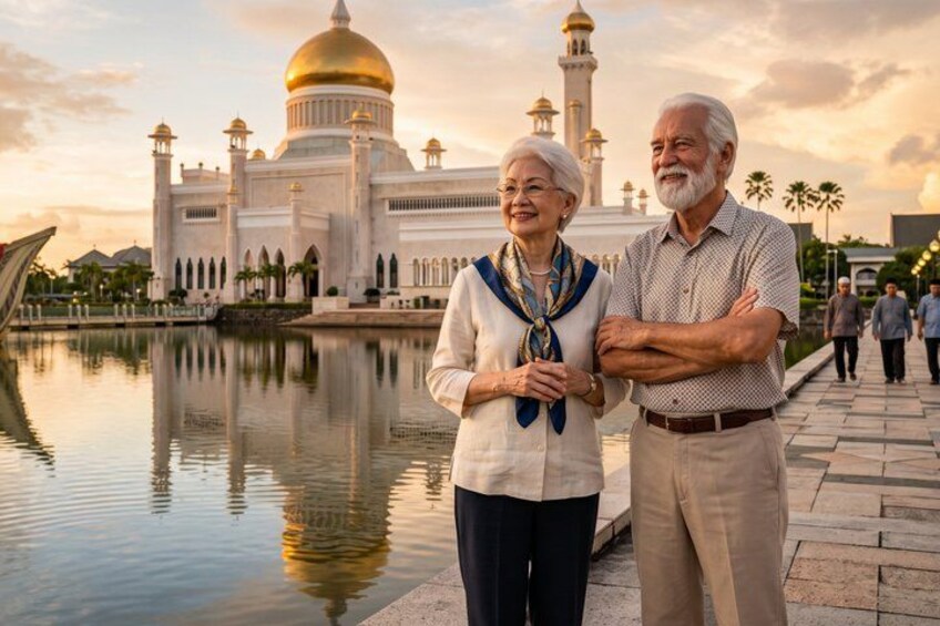 A couple standing in front of a large white building with a golden dome, reflecting in a body of water. 5