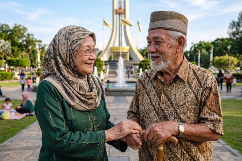 An elderly couple holding hands in a park with a fountain and greenery in the background. 1