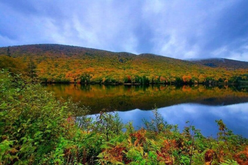 A lake surrounded by autumn-colored trees and a hilly landscape. 4