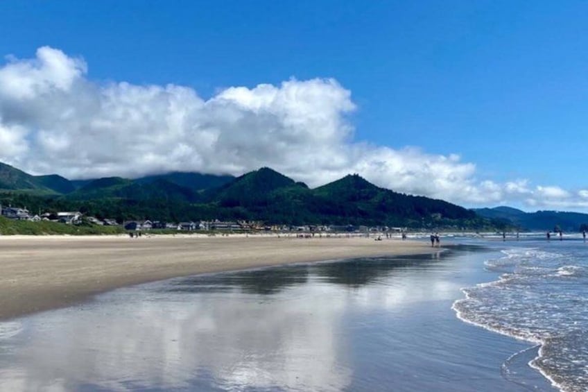 A beach with mountains in the background, calm water, and a clear sky. 1