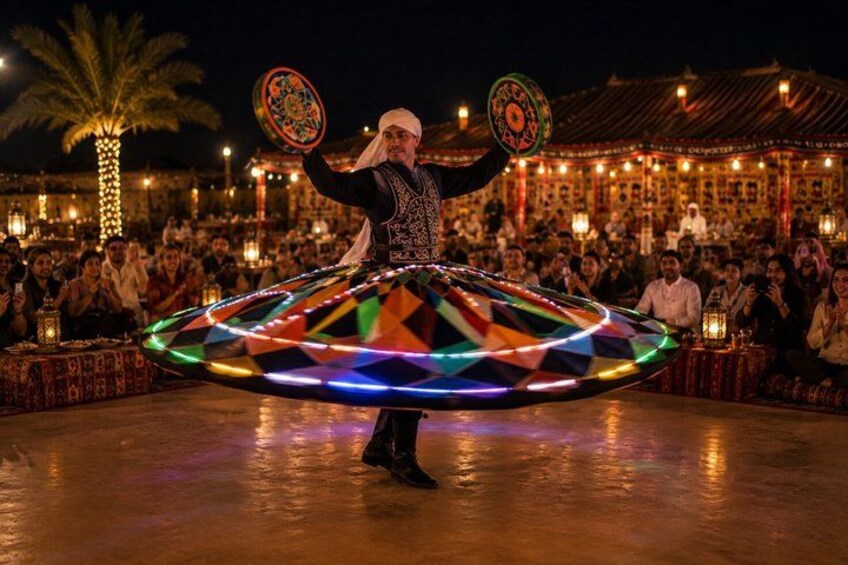A person performing a dance with a colorful, illuminated circular object. 1